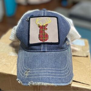 Judith March Blue Distressed Cap with Plaid Deer Patch